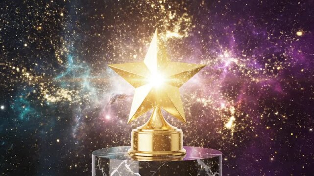 Golden star trophy on pedestal against colorful galaxy background