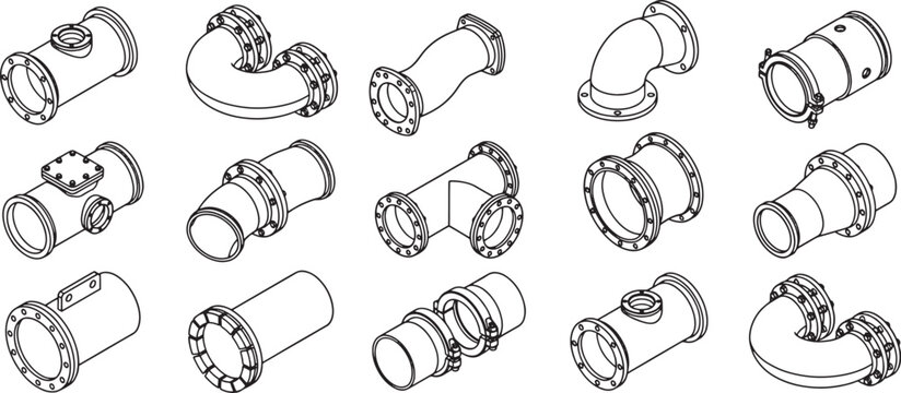 A set of industrial piping components, each a vital element in complex systems, stands out in a technical illustration. Capturing functionality and engineering design.