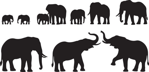 Obraz premium Elephants in various sizes and social interactions depicted in silhouette silhouette vector icon