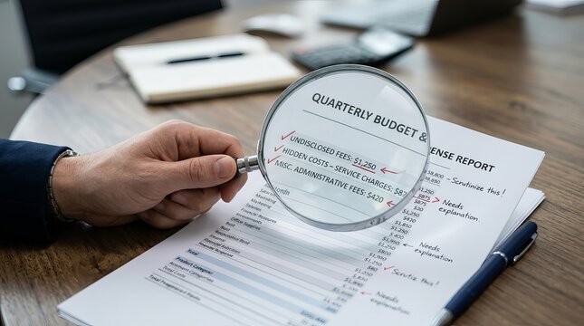 Detailed investigation of fiscal documents searching for secret fees and hidden charges.