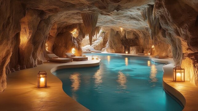 tranquil subterranean spa pool in a candlelit rocky grotto with turquoise water, lounge chairs, stalactites and a warm inviting glow