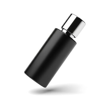 Black Perfume Bottle Floating on White Background