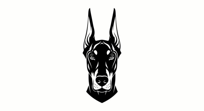 A black and white illustration of a Doberman's portrait in a flat logo design.