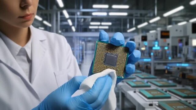 Scientist handling microchip in laboratory