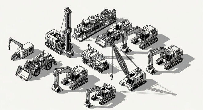 Isometric Illustration of Construction Machinery Fleet and Heavy Equipment.
