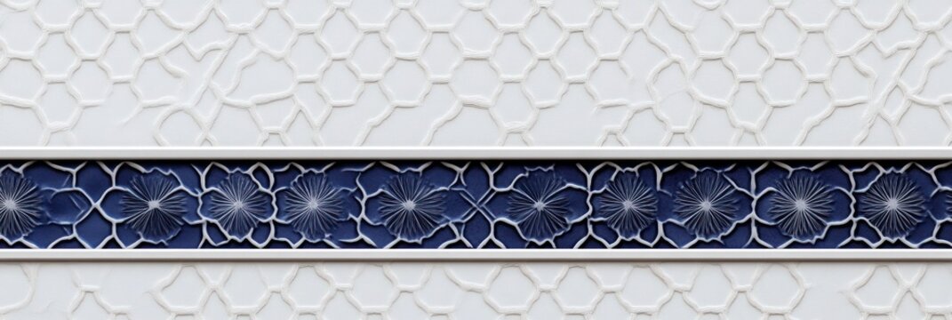 ornate navy floral tile border with thin beige separators on textured white mosaic background, elegant and serene decorative pattern