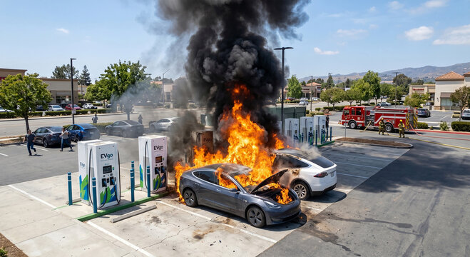 Electric vehicles on fire at an EV charging station with thick black smoke and firefighters arriving at the scene for emergency response.