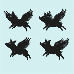 Obraz premium Four whimsical black flying pig silhouettes with outstretched wings on a pale blue background conveying a playful, joyful mood