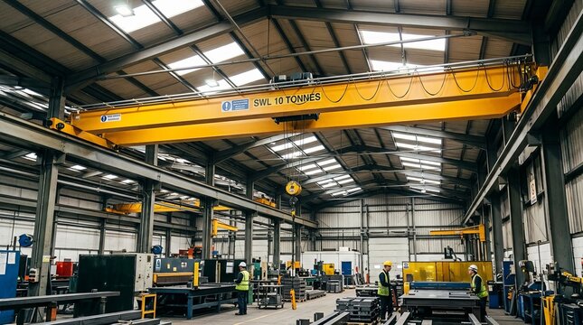 Yellow overhead crane suspended from the industrial factory ceiling.