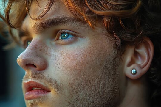 Close-up portrait of a young man with freckles, blue eyes, auburn hair, light stubble and a stud earring, gazing pensively with soft warm lighting