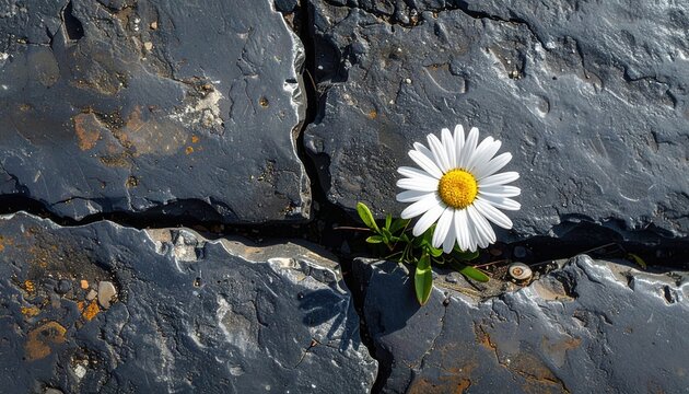 Ein kleines G&auml;nsebl&uuml;mchen w&auml;chst mutig aus einem tiefen Riss im dunklen Asphalt und symbolisiert Hoffnung, St&auml;rke und die Kraft der Natur.