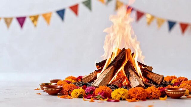 Firewood burning with flowers and bowls