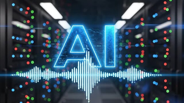 Futuristic ai logo pulsing in a high tech server room with neon blue lighting 4k video