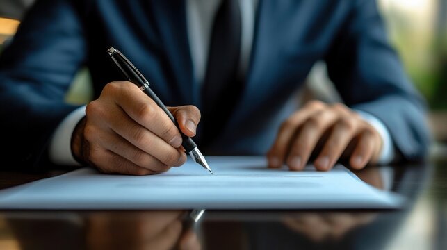 close-up of a suited person signing a formal document with a fountain pen on a reflective desk, conveying focus and confident professionalism