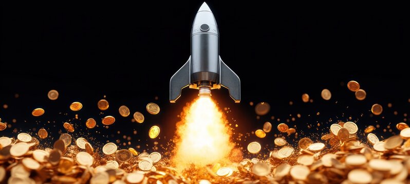 silver rocket lifting off with a blazing exhaust through a shower of golden coins, dramatic triumphant celebration of rapid financial growth and momentum