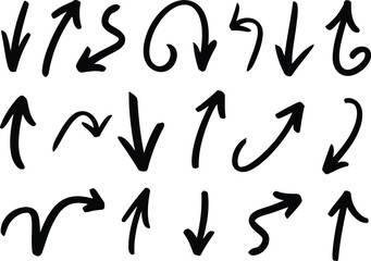 Fototapeta premium A varied group of fifteen hand drawn black arrow scribbles indicating different paths and motions