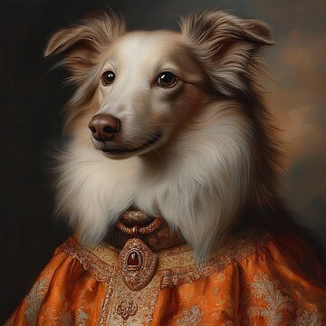 Portrait of a long-haired dog with a blurred square over its face, wearing an ornate orange embroidered robe and a jeweled pendant, conveying regal dignity