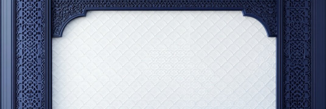 ornate navy blue carved arch frame with intricate geometric lattice panels around a textured white patterned central panel, elegant and serene