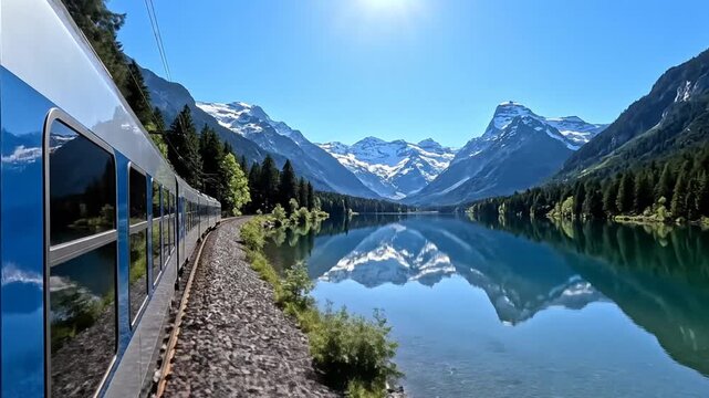 Stunning train travel scenery by alpine lake and snowy mountains