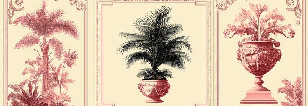 three decorative panels showing ornate urns and potted palms and leafy plants on a cream and rose background, vintage botanical illustration evoking elegant serenity