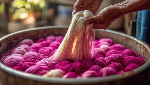 hands carefully dipping undyed creamy yarn into a large vat of bright pink and magenta skeins in a warm artisanal studio, focused and calming moment of hand dyeing