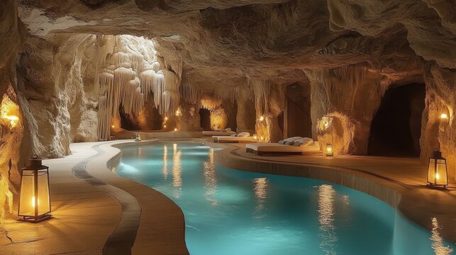 Tranquil underground grotto pool with turquoise water, dramatic stalactite formations, glowing lanterns and cushioned lounge beds evoking a serene luxury spa retreat
