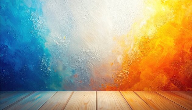 Fondo abstracto vibrante con pared texturizada en azul y naranja, y suelo de madera, ideal para exhibiciones creativas.