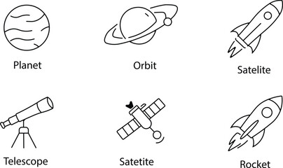 Space exploration icons planets rockets telescopes and satellites in black and white © MDMUNNA