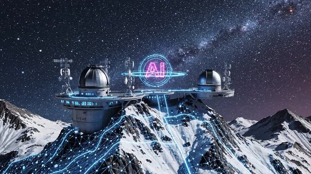 Glowing magenta ai logo rotating above a futuristic mountain observatory at night 4k video