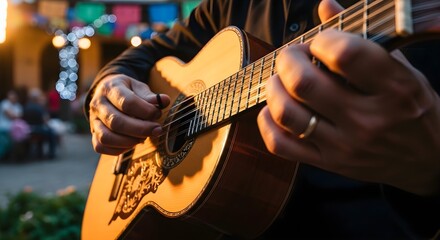 Fototapeta premium Man plays guitar on Cinco de Mayo celebration with delicious Food