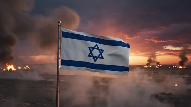 National flag of Israel waving against a dramatic sky with smoke and fire representing conflict and resilience.