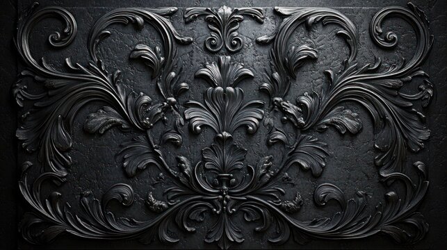 ornate black carved decorative panel with symmetrical acanthus leaf scrollwork and high relief texture, elegant moody dramatic baroque ornamentation