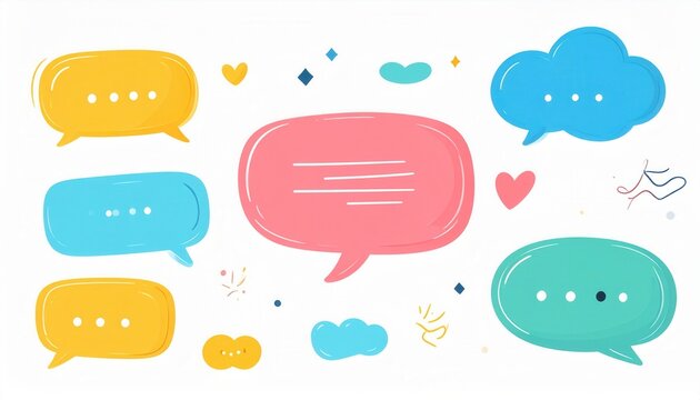 Set von bunten handgezeichneten Sprechblasen und Gedankenwolken f&uuml;r soziale Medien, Messaging und Kommunikation auf wei&szlig;em Hintergrund.
