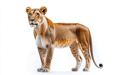 Obraz premium Alert young lioness standing on white background with tawny spotted coat and focused, regal gaze