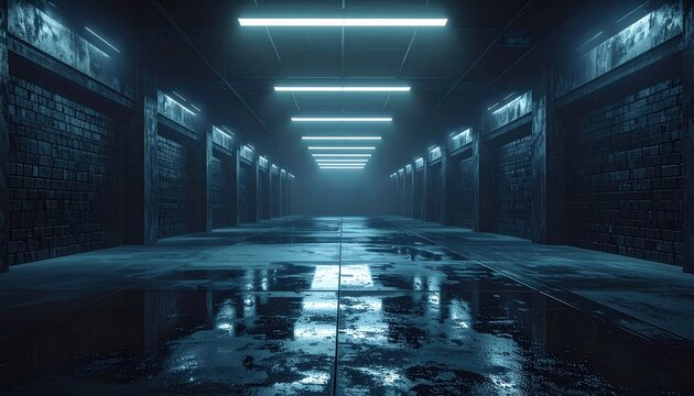 Largo pasillo oscuro con luces de ne&oacute;n azul y suelo mojado, creando una atm&oacute;sfera misteriosa y futurista.