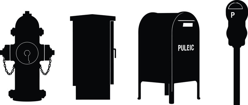 Black Silhouettes of Fire Hydrant, Trash Can, Mailbox and Parking Meter on White