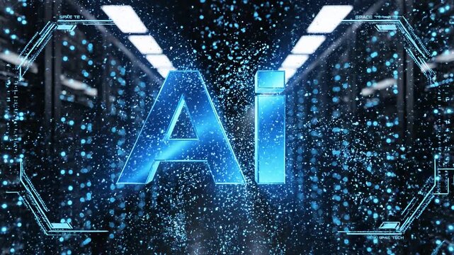 Glowing artificial intelligence logo floating in a high tech server room center 4k video