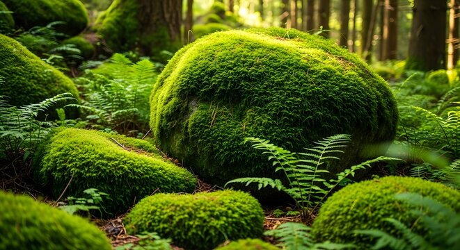 Lush green forest moss covered boulders and ferns