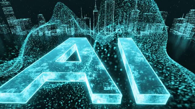 Futuristic ai logo animation with glowing digital cityscape and data particles 4k video