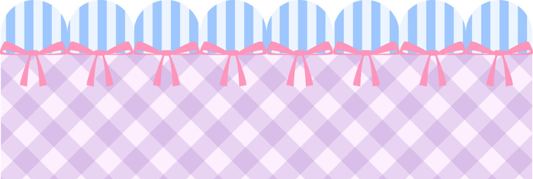 Vibrant pink and blue striped fabric hanging against purple gingham background