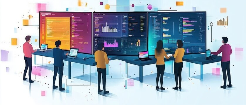 Six team members standing at workstations with laptops and oversized multi-panel monitors displaying code and colorful data charts, collaborating with focused energy