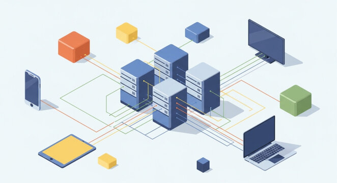 Isometric network server and connected computing devices cluster.