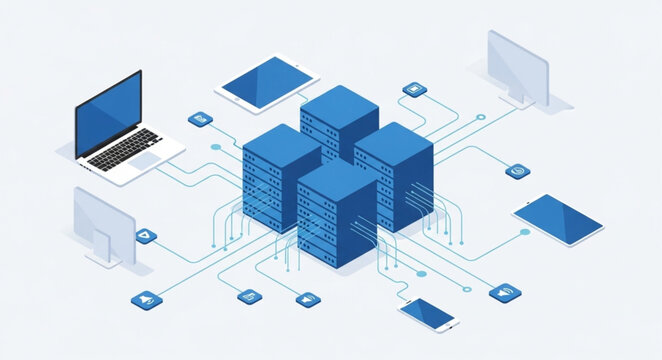 Isometric network servers and data center node cluster.