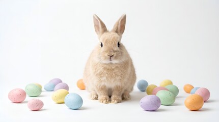 Obraz premium A cute rabbit sitting among colorful Easter eggs on a white background