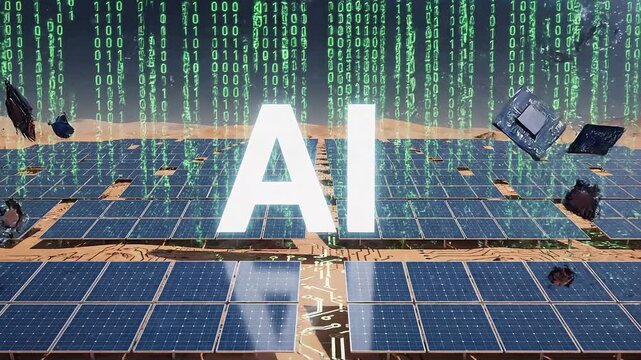 Artificial intelligence logo emerging from digital data over solar panel fields 4k video