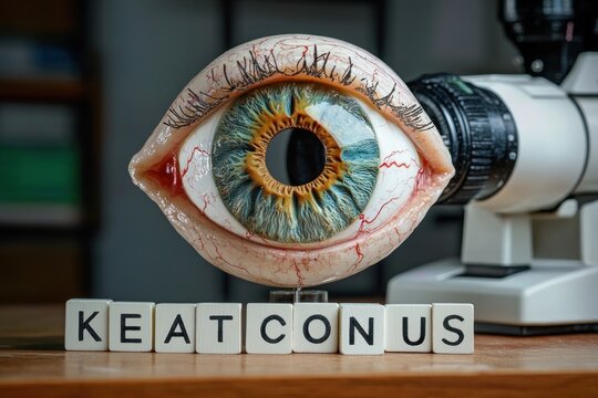 realistic oversized human eye model with blue-green iris, visible blood vessels and eyelashes perched on wooden letter blocks beside a microscope, clinical and uncanny