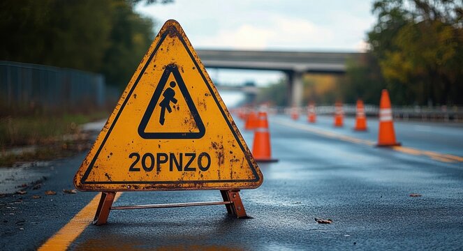 worn yellow triangular caution sign with pedestrian pictogram on wet road, lined with orange traffic cones and empty highway underpass, moody rainy atmosphere