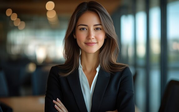 Confident professional woman with blurred face in dark blazer and white blouse, arms crossed in a modern glass office with soft bokeh lighting, poised and assertive body language