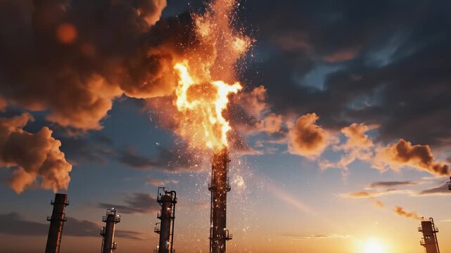 Industrial factory chimneys with smoke and a rising fire arrow symbolizing economic growth and energy production.