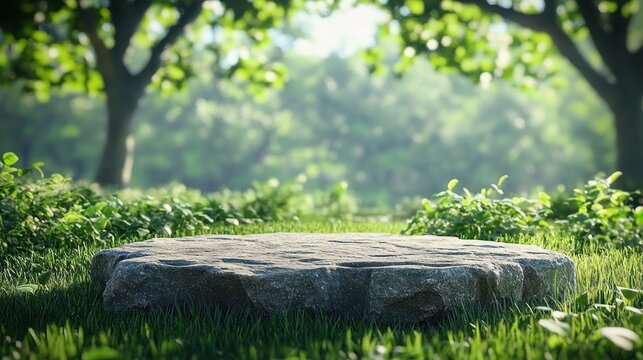 sunlit flat stone platform in a lush grassy forest clearing with leafy bushes and soft-focus trees, evoking a peaceful and serene morning calm